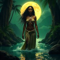 Mythlok - Atabey Atabey, the Taíno Mother of Waters and Creation. She stands at the center of a lush Caribbean landscape