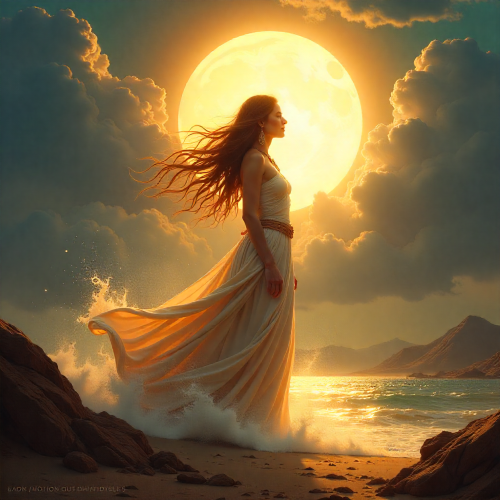 Awonawilona as a radiant, formless being emerging from swirling mists and golden light; half their form dissolving into the sun, half into water and clouds