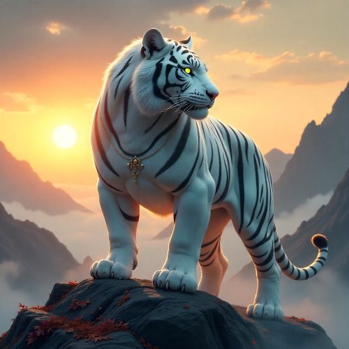 Baihu, the White Tiger of Chinese mythology, a massive, muscular white tiger with silver-blue fur glistening under a twilight sky