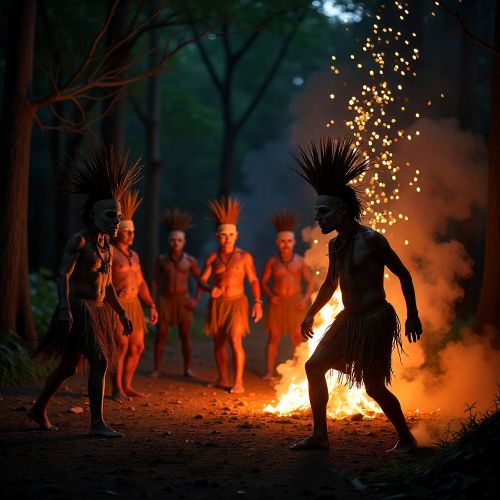 scene of a Baining Fire Dance in a rainforest clearing representing Baining Mythology