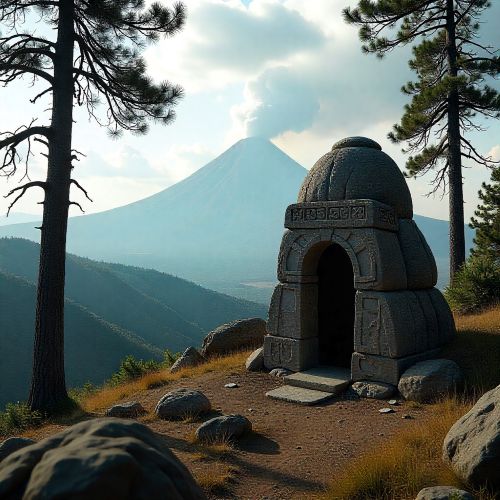 scene inspired by Banks Islands mythology: volcanic highland landscape with wind sweeping through tall trees.