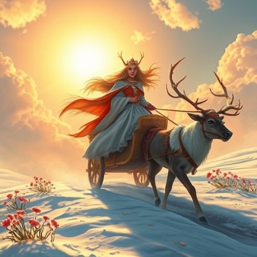 Beaivi, the Sámi sun goddess, depicted as a radiant woman bathed in golden light. Her flowing golden hair glows like sunlight, and she rides a chariot drawn by reindeer across a shimmering Arctic sky