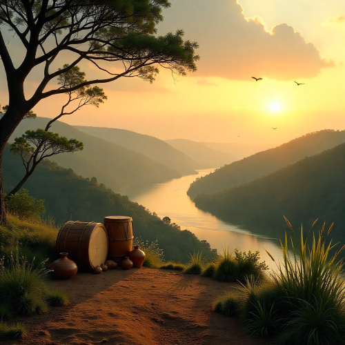 A tranquil Zambian highland landscape at sunrise representing Bemba mythology.