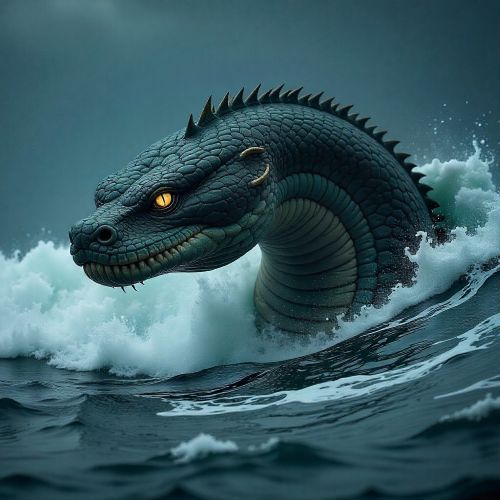 A colossal Mapuche water serpent, Cai Cai-Vilu, rising from the stormy ocean