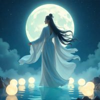 Mythlok - Chang Xi Chang Xi, standing beside a glowing celestial pool under a full moon, surrounded by twelve luminous moon orbs representing her daughters.