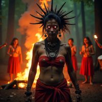 f Chavundi, the Tulu Nadu guardian spirit—ash-smeared skin, glowing eyes, skeletal ornaments, and wild hair, standing before a blazing ritual fire in a dark forest.