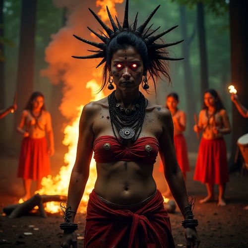 f Chavundi, the Tulu Nadu guardian spirit—ash-smeared skin, glowing eyes, skeletal ornaments, and wild hair, standing before a blazing ritual fire in a dark forest.