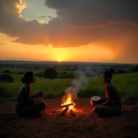 A lush Malawian village landscape at dusk symbolizing Chewa mythology.