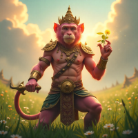 Mythlok - Chomphuphan Chomphuphan, the pink-skinned monkey warrior from Thai mythology, standing in a lush battlefield under golden light.
