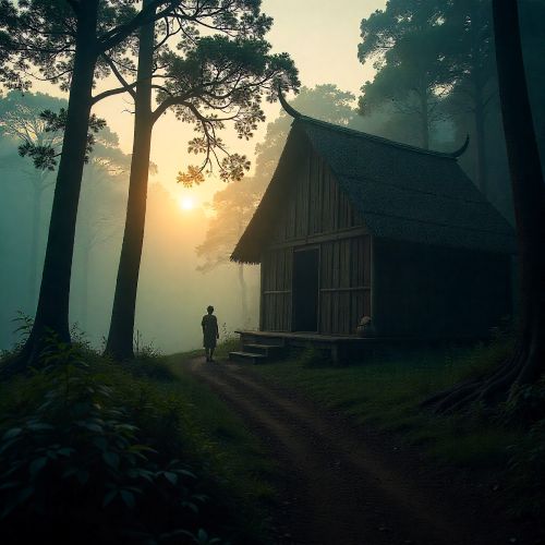 scene inspired by Dani mythology: Papua highlands at dawn with misty mountains