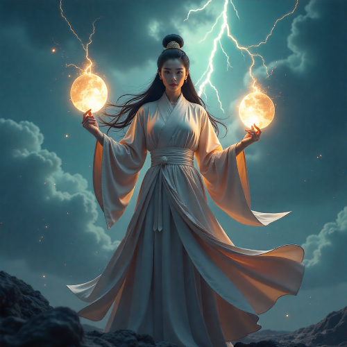 Dianmu, a majestic Chinese goddess stands amid storm clouds, her long silk robes flowing in the wind.