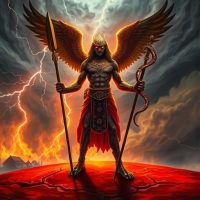 Mythlok - Ekwensu Ekwensu from Igbo mythology—an imposing, shape-shifting deity emerging from swirling storm clouds, half-human and half-eagle