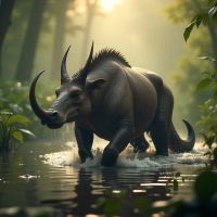 Mythlok - Emela Ntouka Emela Ntouka emerging from a misty Congo Basin swamp at dawn