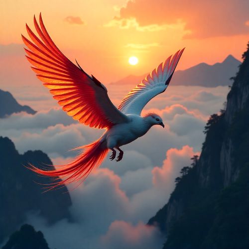 enghuang, the Chinese Phoenix, soaring above mist-filled mountains at sunrise.
