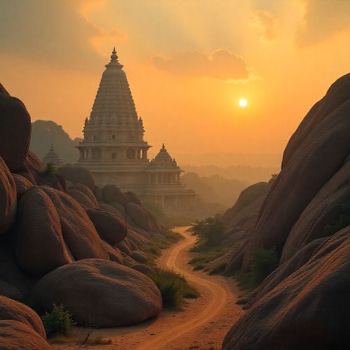 sunrise over the ruins of Hampi, with giant granite boulders, the Virupaksha Temple gopuram rising through morning mist