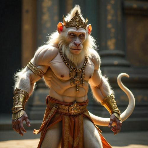Hanuman : The Divine Monkey Warrior in Thai Tradition image of Hanuman from the Ramakien, portrayed as a white divine monkey warrior in ornate golden Thai armor