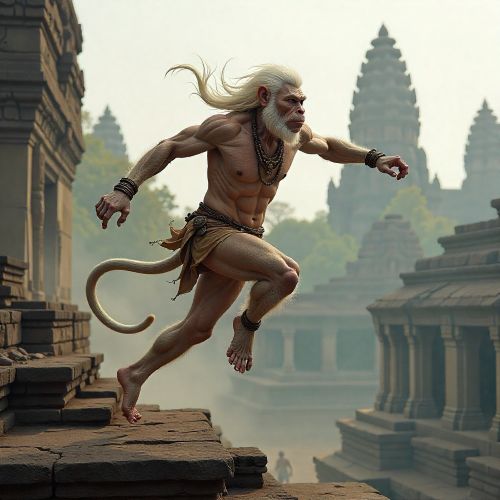 A majestic humanoid Hanuman inspired by Cambodian Reamker tradition;
