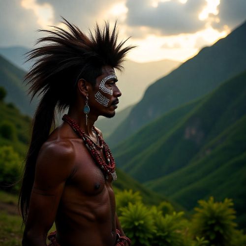 scene inspired by Huli mythology: Papua New Guinea highlands at sunrise, green valleys beneath dramatic mountains.