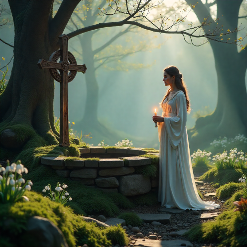 A serene early spring scene inspired by Celtic mythology: a sacred well surrounded by moss and early snowdrops, soft sunlight filtering through mist during Imbloc