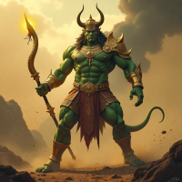 Mythlok - Intharachit Intharachit, demon-prince of Longka, towering muscular figure with green skin and regal gold-patterned armour