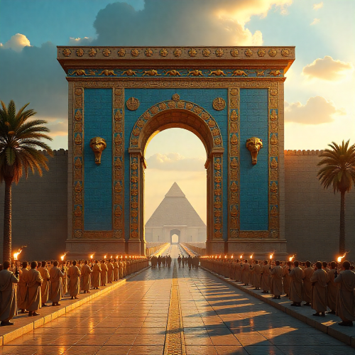 Ishtar Gate of Babylon under the Mesopotamian sun, circa 575 BCE.