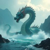 Mythlok - Jiaolong A colossal Jiaolong rising from storm-torn waters