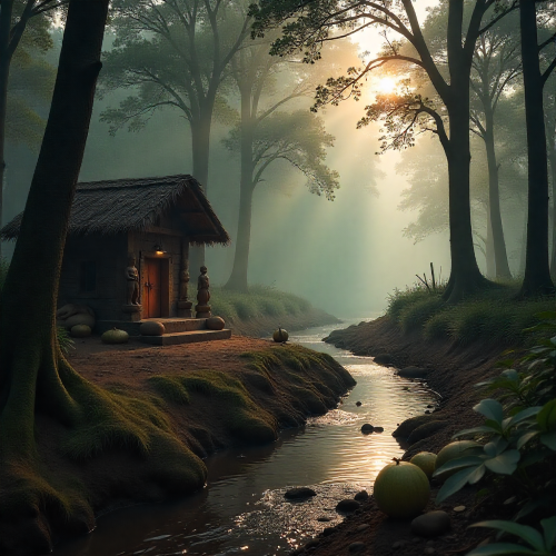 A misty Zambian forest clearing at dawn representing Kaonde mythology