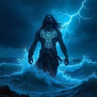 f Kapoonis, the Coast Salish spirit of lightning, shown as a powerful storm-being emerging from swirling rain clouds.