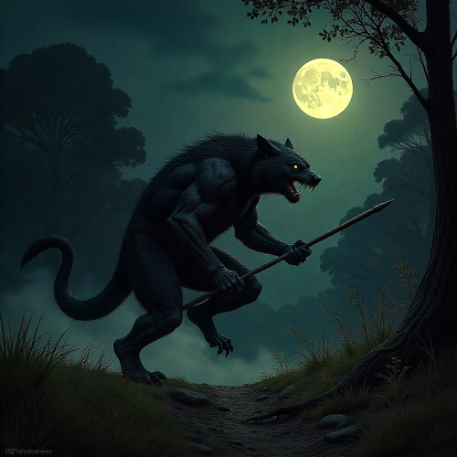 Kinie Ger, the half-human half-quoll creature from Koori Aboriginal mythology, prowling a moonlit Australian bushland