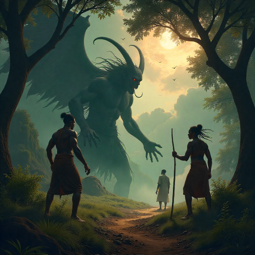 East African mythological scene of the Curse of Death showing Warumbe, the bringer of death, emerging from the underworld with a dark, spectral form, confronting Kintu and Nambi