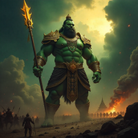Mythlok - Kumphakan Kumphakan, A colossal green-skinned demon warrior stands on a smoky battlefield under a stormy sky.