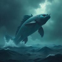 A colossal mythical fish Kun emerging from the dark Northern Sea