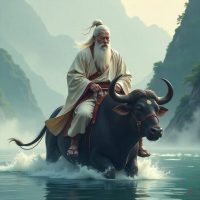 Laozi as an ancient Chinese sage riding a calm water buffalo through misty mountains