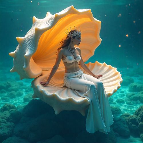 A majestic ocean goddess, Latmikaik, rising from a colossal shimmering giant clam in deep turquoise Palauan waters