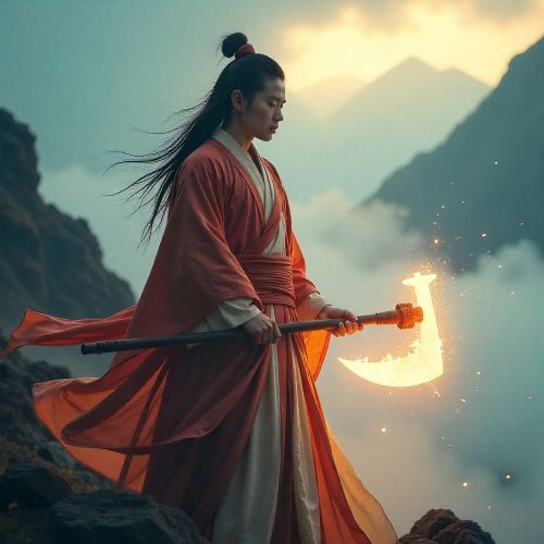 Liu Chenxiang from Chinese mythology, a youthful warrior-demigod standing before Mount Hua
