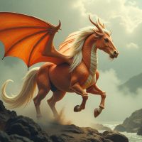 A majestic Longma with the muscular body of a horse covered in shimmering gold-red dragon scales