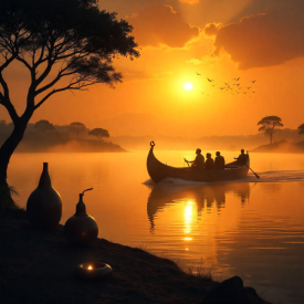 A majestic Zambezi River floodplain at sunrise representing Lozi mythology.