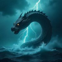 Maboyo as a colossal sky serpent swirling through storm clouds above the Caribbean Sea