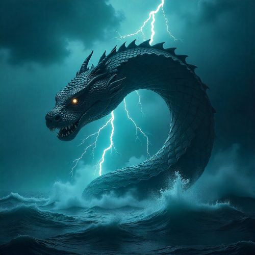 Maboyo as a colossal sky serpent swirling through storm clouds above the Caribbean Sea