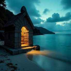 Mythlok - Malaita_ Solomon Islands coastal landscape at dusk representing Malaita Mythology