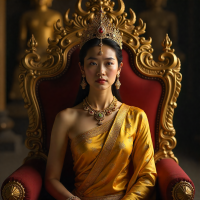 Mythlok - Nang Monto Nang Monto, queen of Longka, from Thai mythology — a regal woman with glowing fair skin, dressed in golden Thai royal attire