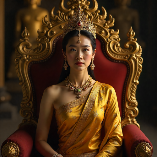 Nang Monto, queen of Longka, from Thai mythology — a regal woman with glowing fair skin, dressed in golden Thai royal attire