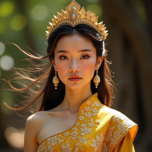 Neang Seda from Cambodian mythology, standing in a golden-lit Angkor Wat courtyard.