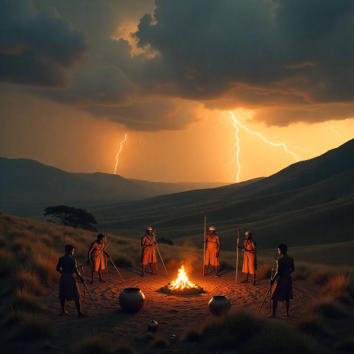 A dramatic African highland landscape at dusk symbolizing Ngoni mythology.