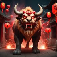 Nian, A fearsome mythological creature with the body of an ox and the head of a lion,