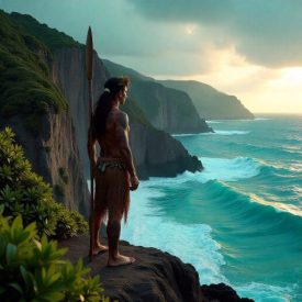 the rugged limestone cliffs of Niue overlooking a turquoise Pacific Ocean representing Niuean Mythology