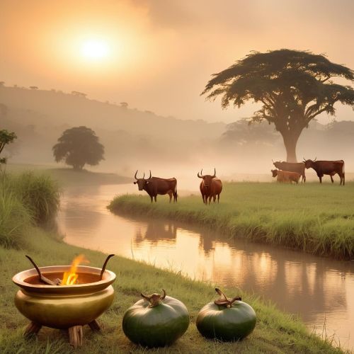 A golden Ugandan savanna at sunrise symbolizing Nkole mythology