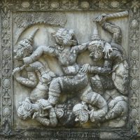 175 Ongkot killed Giants, at Wat Phananchoeng, Ayutthaya A wall carving of the Thai warrior Ongkot