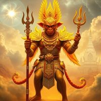 Mythlok - Pali Thirat ali Thirat, the monkey king of Thai mythology, standing on a golden battlefield surrounded by clouds and divine light.