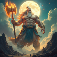 Mythlok - Pangu A colossal, muscular giant Pangu stands amid swirling cosmic clouds, holding a massive glowing axe that splits heaven and earth.